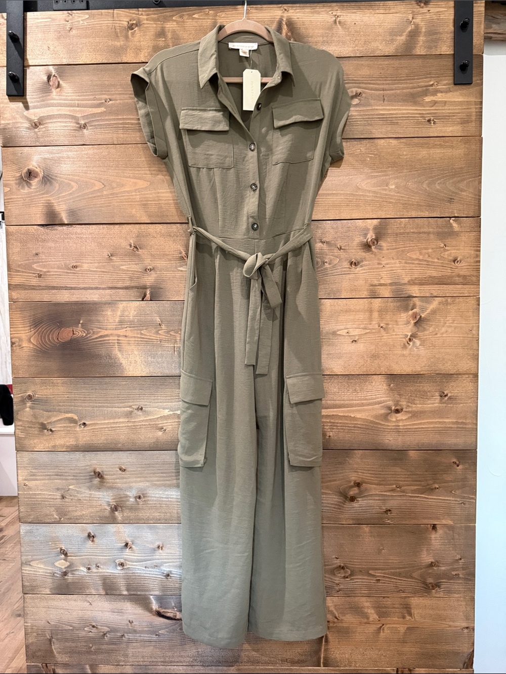 Monteau Olive Utility Tie-Waist Jumpsuit